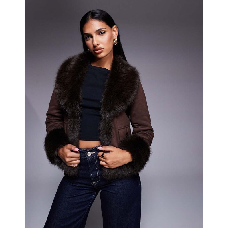Aria Cove faux suede contrast faux fur trims jacket in chocolate-Brown 108735875
