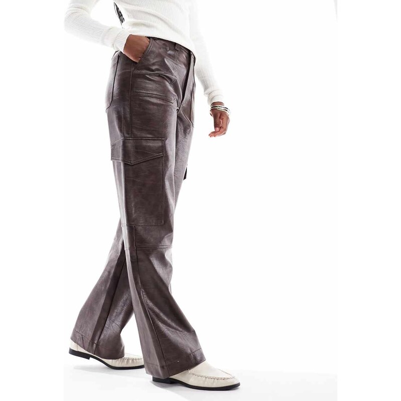 ASOS DESIGN cargo utility trousers in faux leather in washed chocolate 109336766