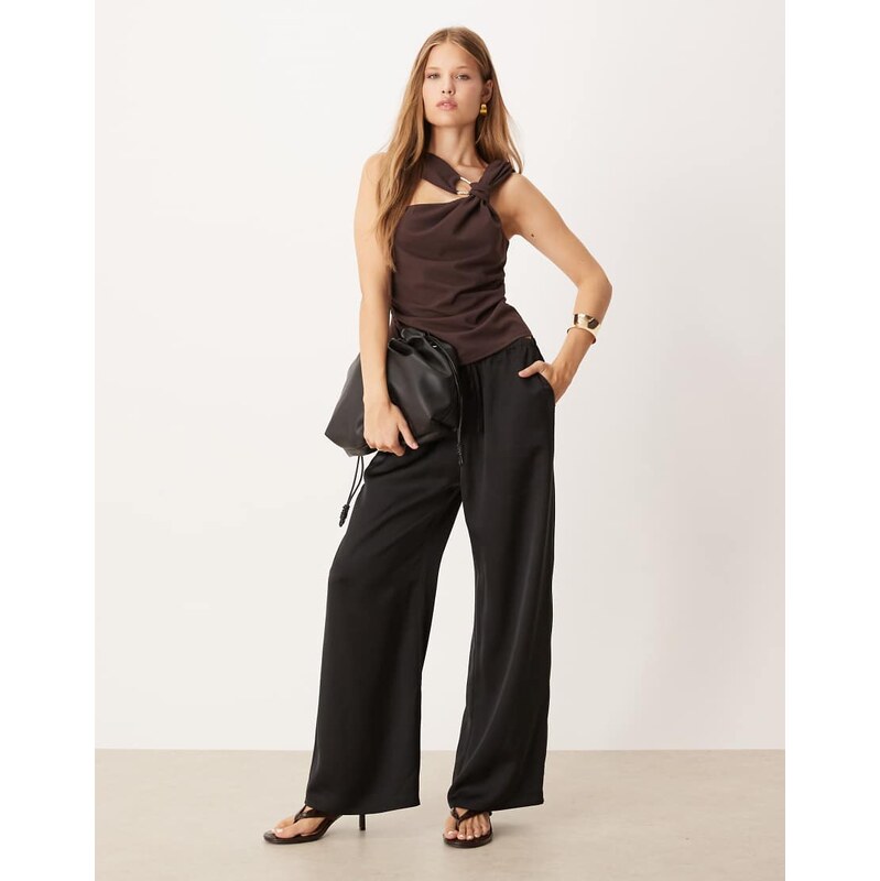 Pretty Lavish drawstring satin wide leg trouser in black 108901378