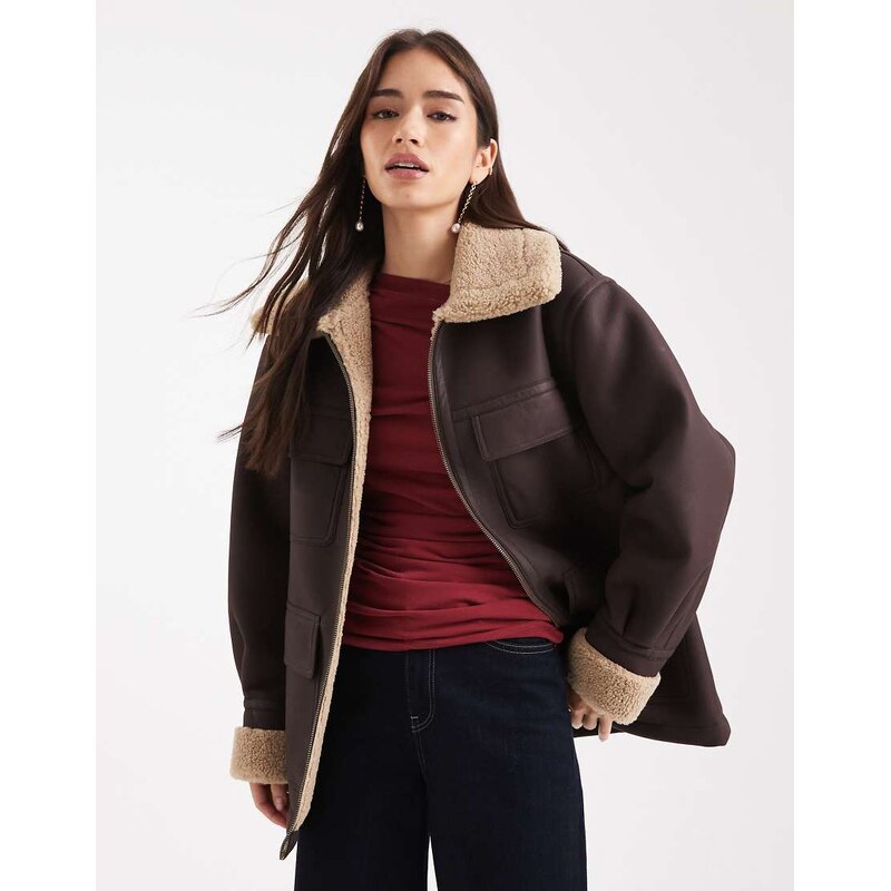 ASOS DESIGN leather look mid length bonded jacket in chocolate