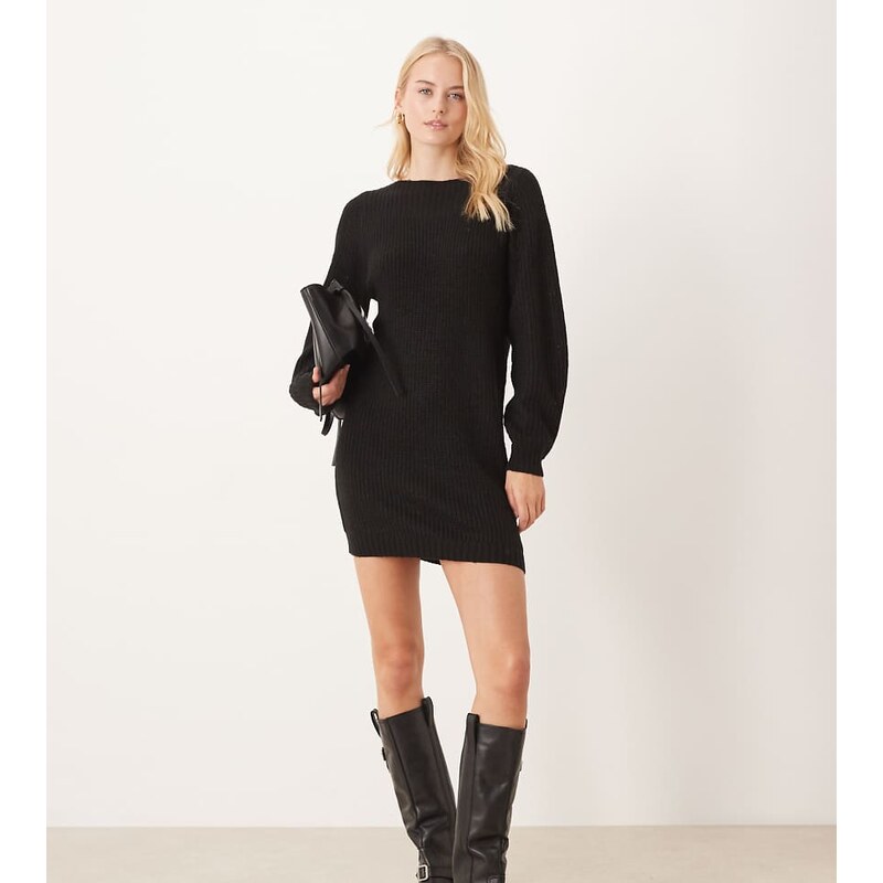 JDY Tall wide neck knitted mini jumper dress in black 110526384