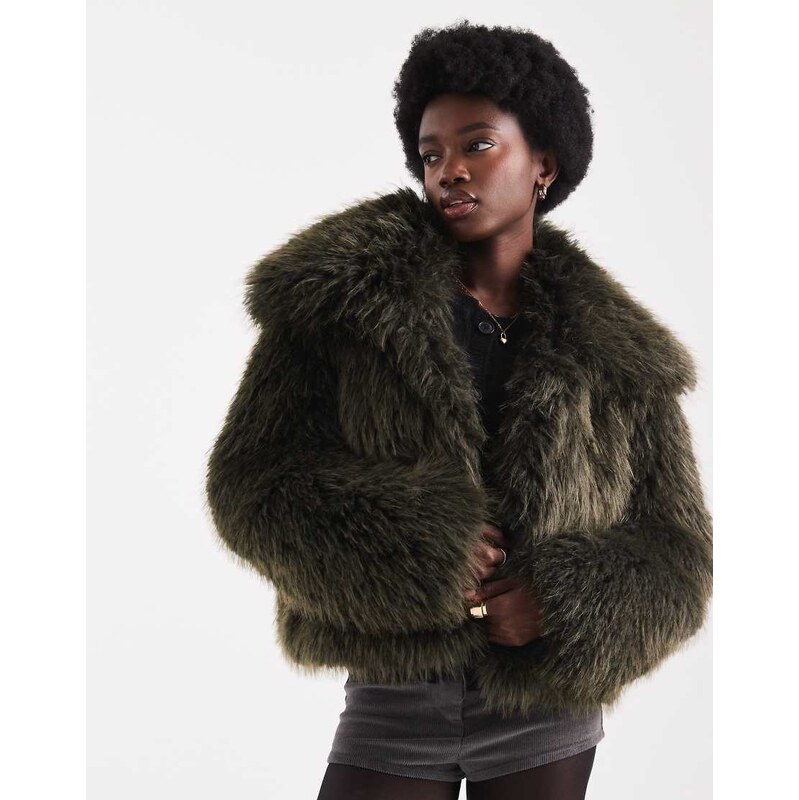 ASOS DESIGN cropped faux fur jacket in khaki-No colour 111021411