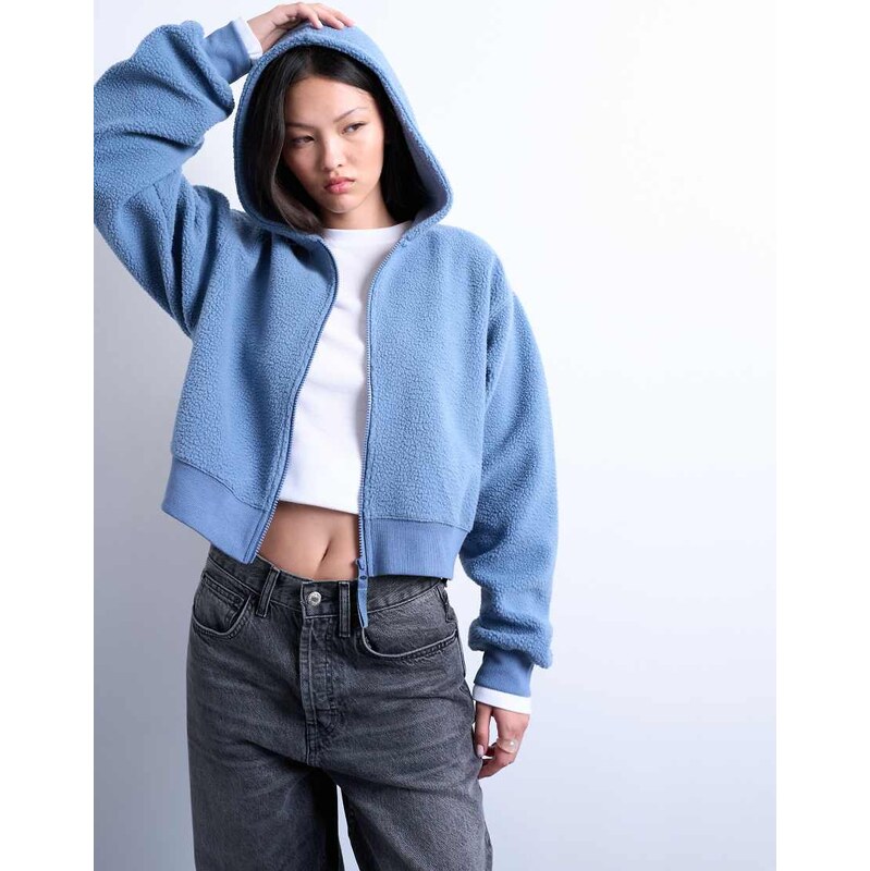 Topshop borg zip through hoodie in blue 110275261