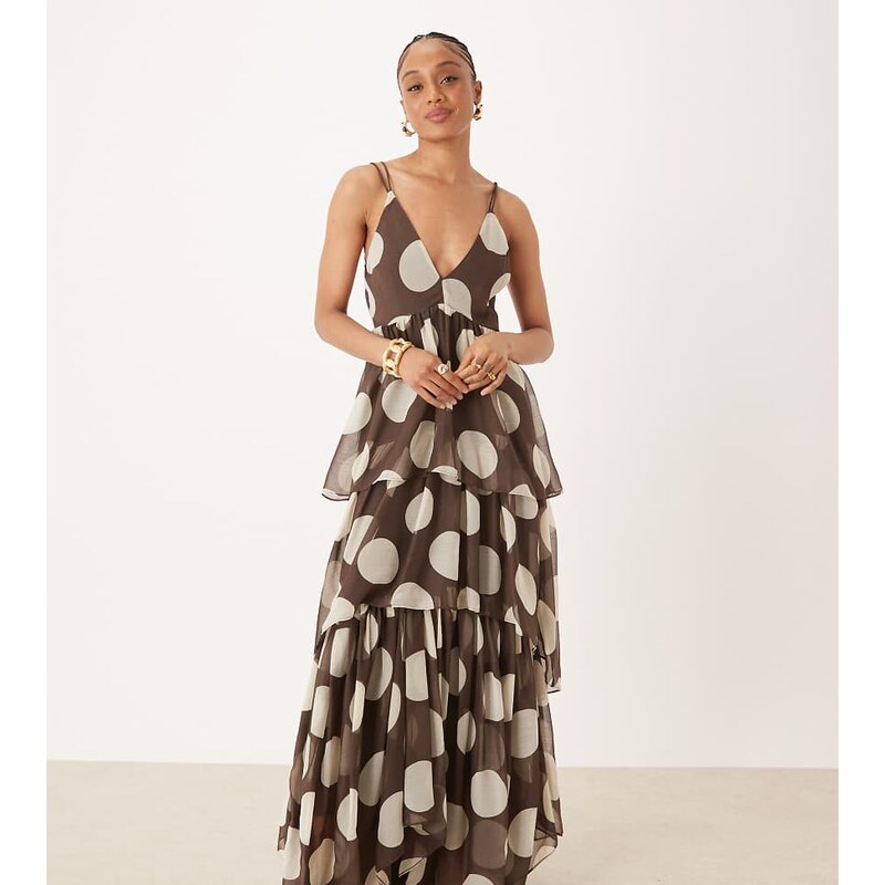ASOS Tall ASOS DESIGN Tall plunge tiered maxi dress with open back in 115585031