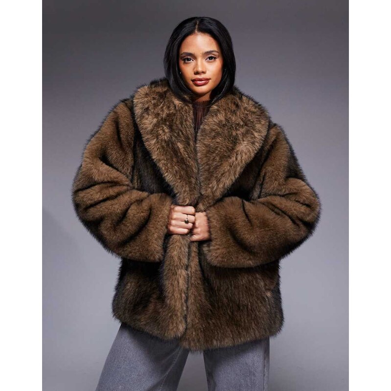 Aria Cove faux fur oversized collar wide sleeve jacket in brown tipped 108735874