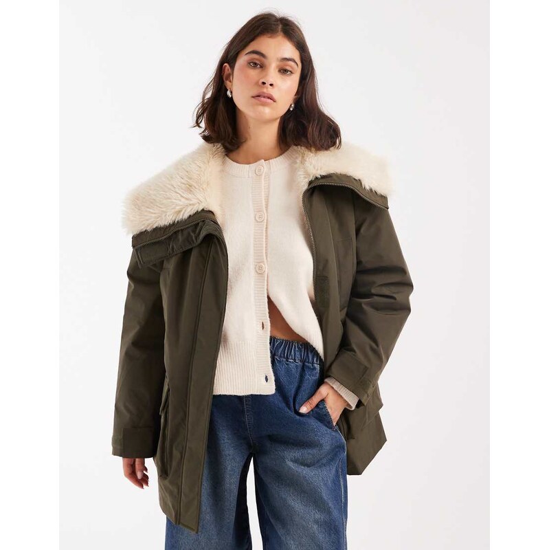 ASOS DESIGN borg collar mid length parka in khaki-Green
