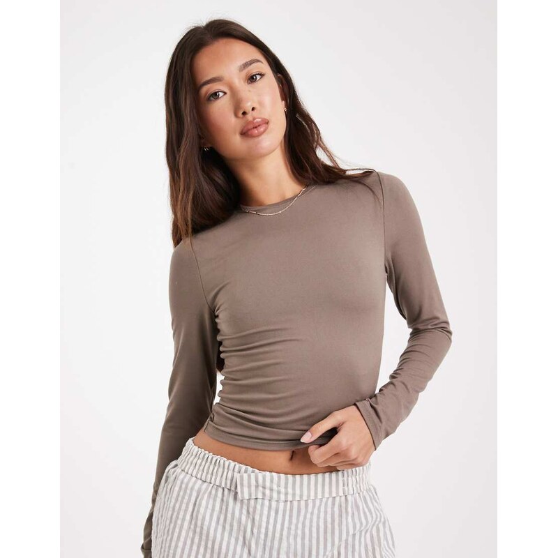 Miss Selfridge sculpted long sleeve tee in mushroom-Neutral 113297086