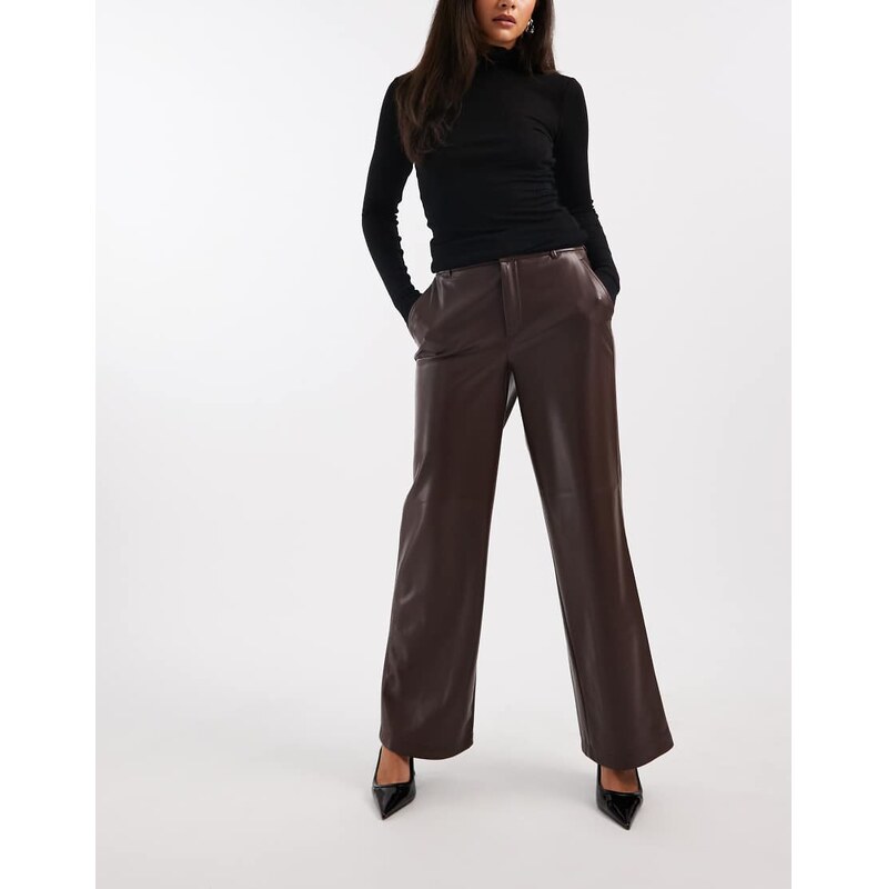 ONLY wide leg faux leather trousers in brown 110956342