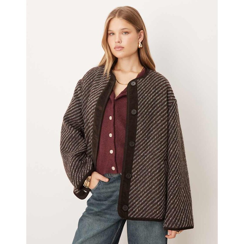 ASOS DESIGN collarless herringbone jacket in blue and burgundy