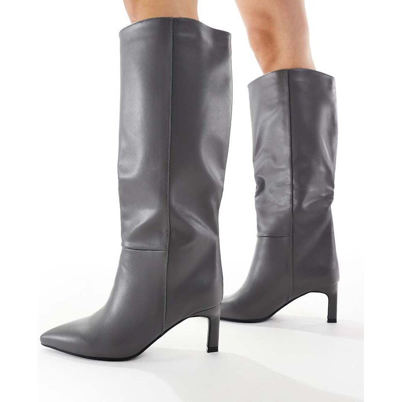 SEQWL Wide Fit Benz knee high kitten heel boots in grey PU-Neutral 108736057