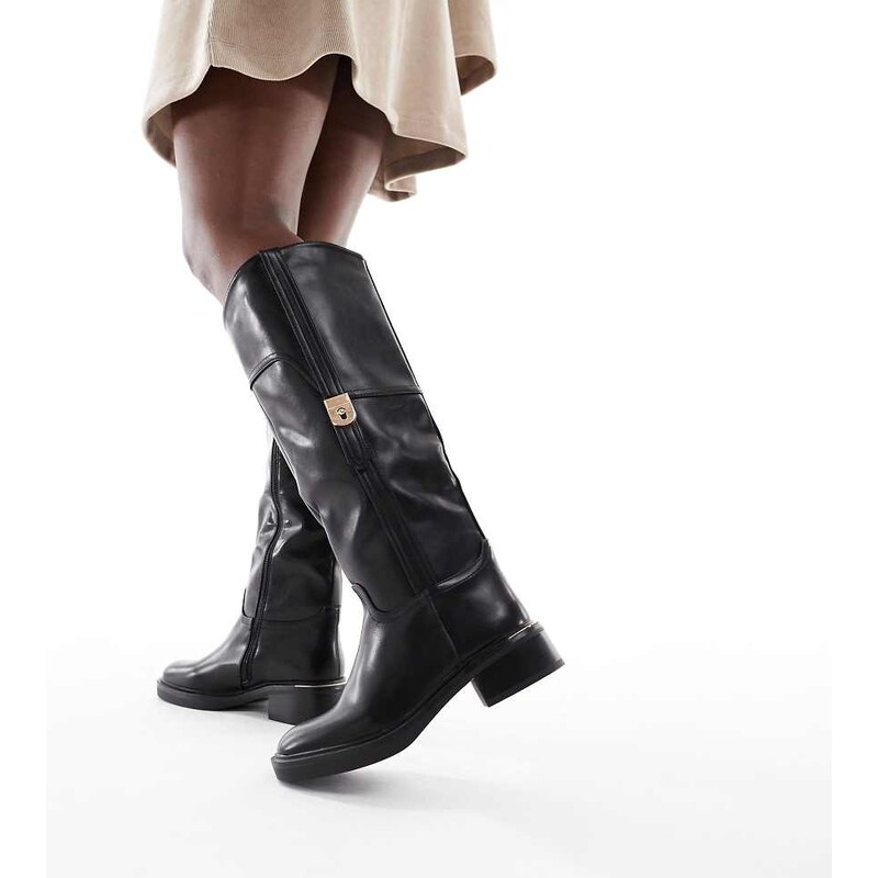 SEQWL Wide Fit Twix buckle detail refined riding boots in black