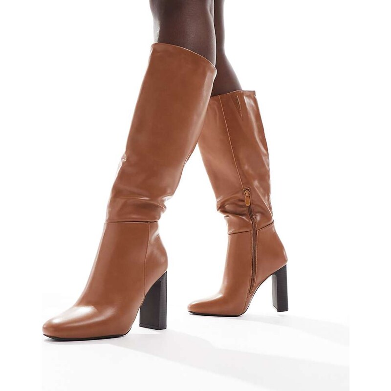 SEQWL Wide Fit Boost stack heel knee boots in camel-Neutral 108736046