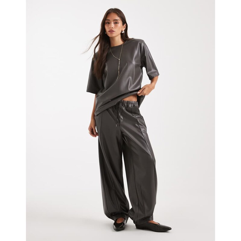 ASOS DESIGN faux leather barrel leg pull on trousers co-ord in grey 108736066