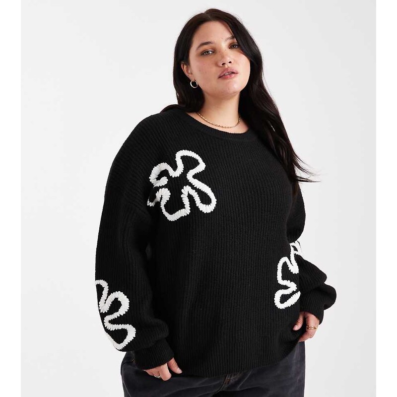 ONLY Curve floral stich details jumper in black 108736080