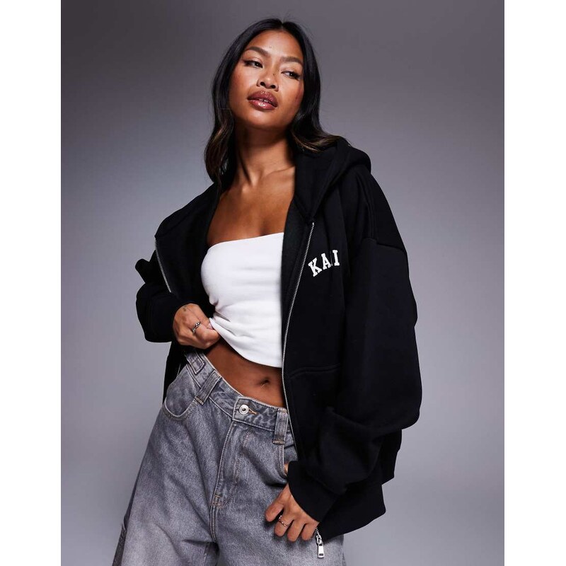 Kaiia cotton rich embroidered logo zip through hoodie in black 108736101