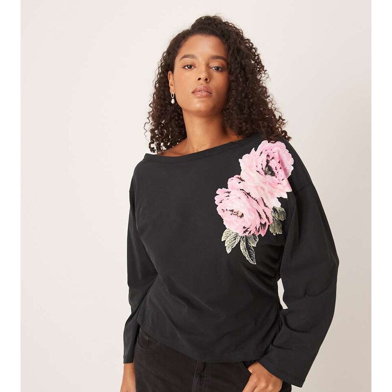 ASOS Curve ASOS DESIGN Curve cinched waist slash neck top in black 108736117