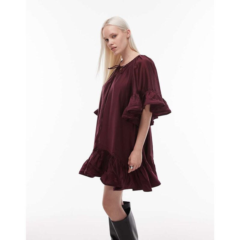 & Other Stories semi sheer mini dress with ruffle edge sleeves and tie 108736118