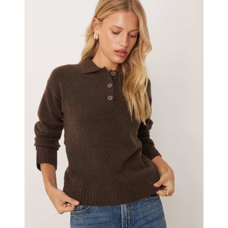 JJXX wool blend knitted polo jumper in brown