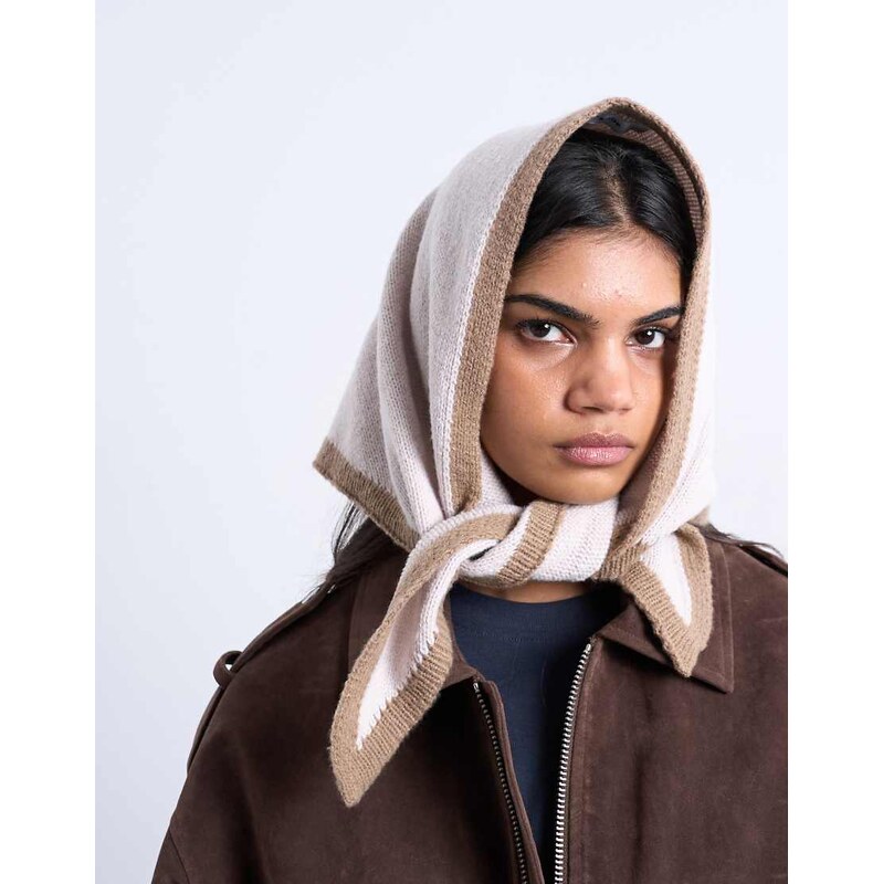 Topshop Heidi knitted headscarf in cream & taupe-White