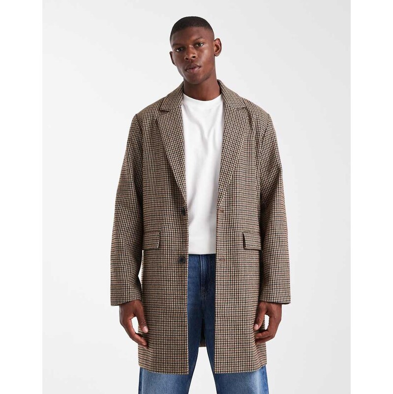 Jack & Jones wool look overcoat in brown check