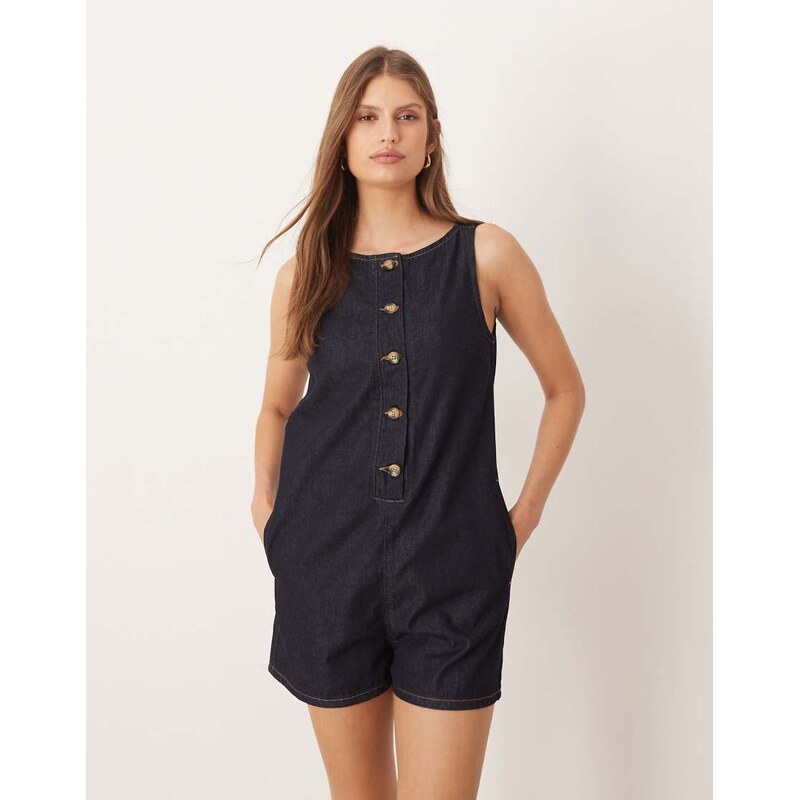 ASOS DESIGN denim button front playsuit in indigo-Navy