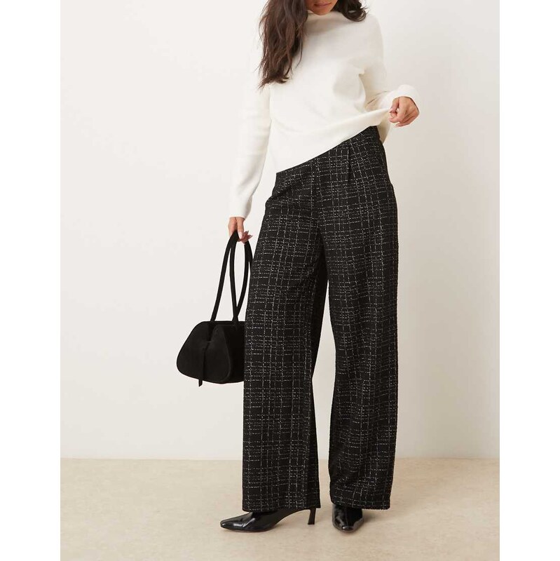 JDY textured high waist wide leg trousers in black checks