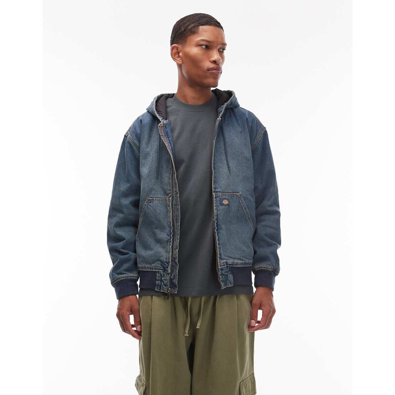Dickies hilham hooded denim jacket in khaki tinted blue-Green