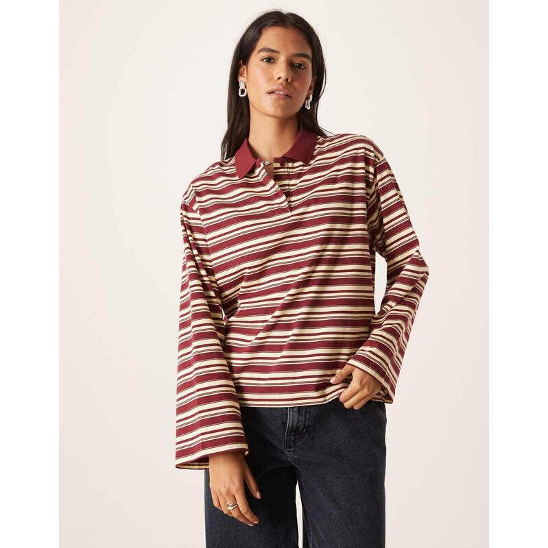 AWARE long sleeve polo top in yellow & burgundy stripe
