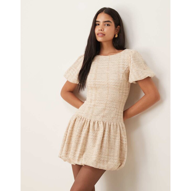 ASOS DESIGN boucle puffball mini dress in stone-Neutral