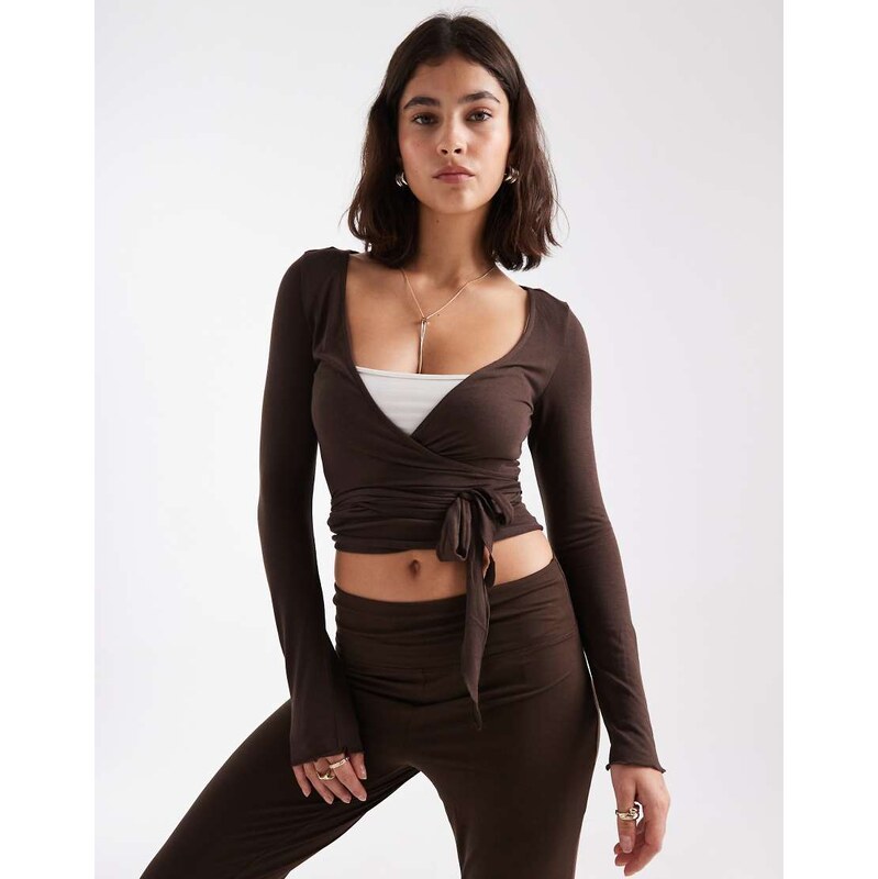 Pieces ballerina wrap top co-ord in chocolate brown