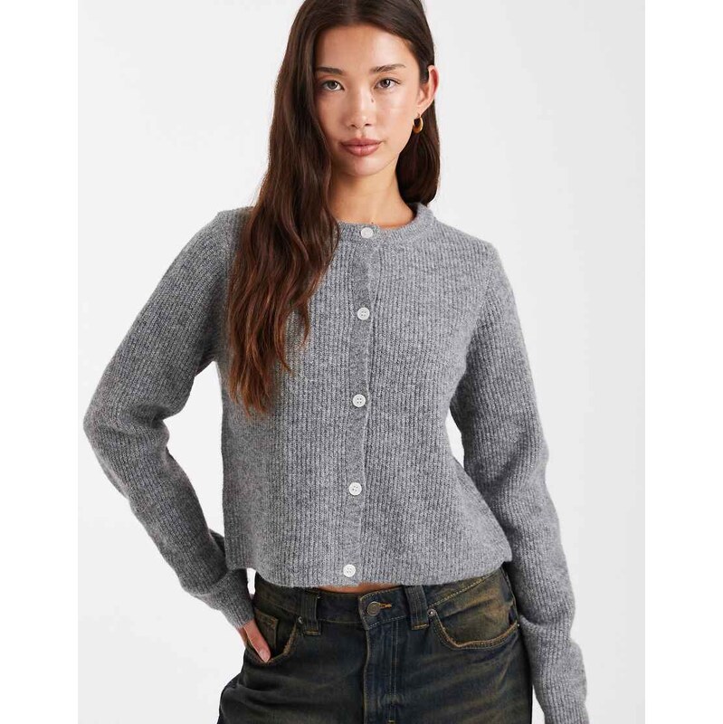 Pieces soft knit long sleeve cardigan in medium grey melange