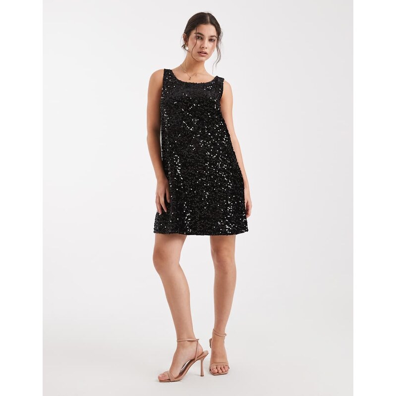 Pieces reversible slash neck sequin mini shift dress in black 108736590