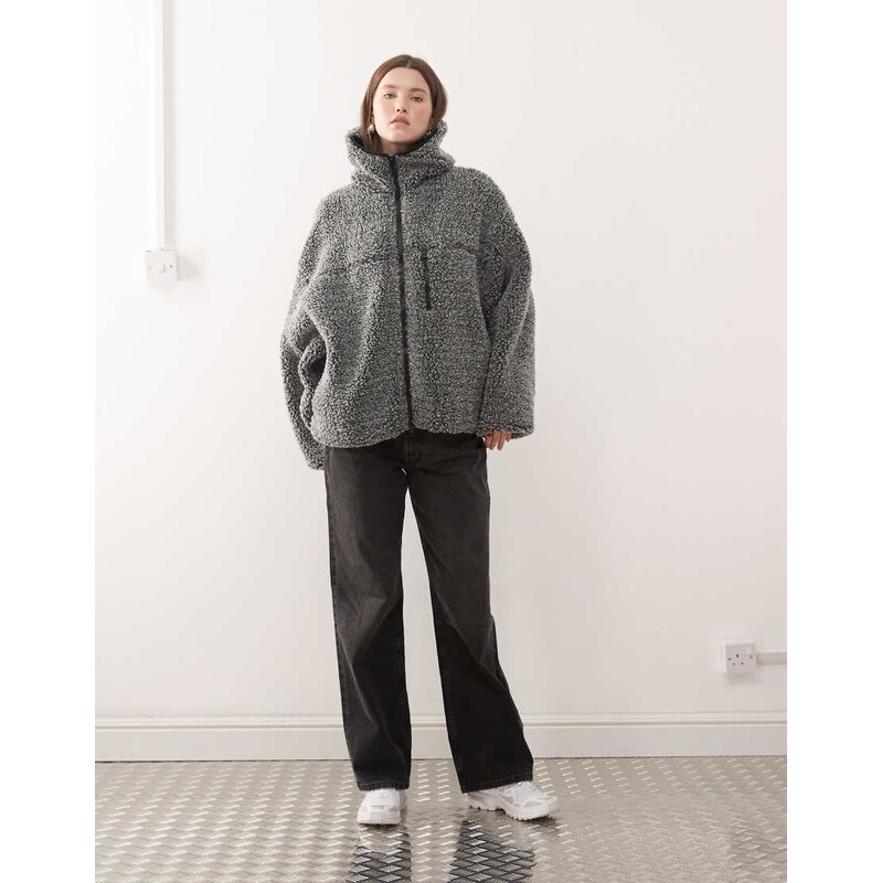 Weekday oversized borg zip fleece with hood in dark grey