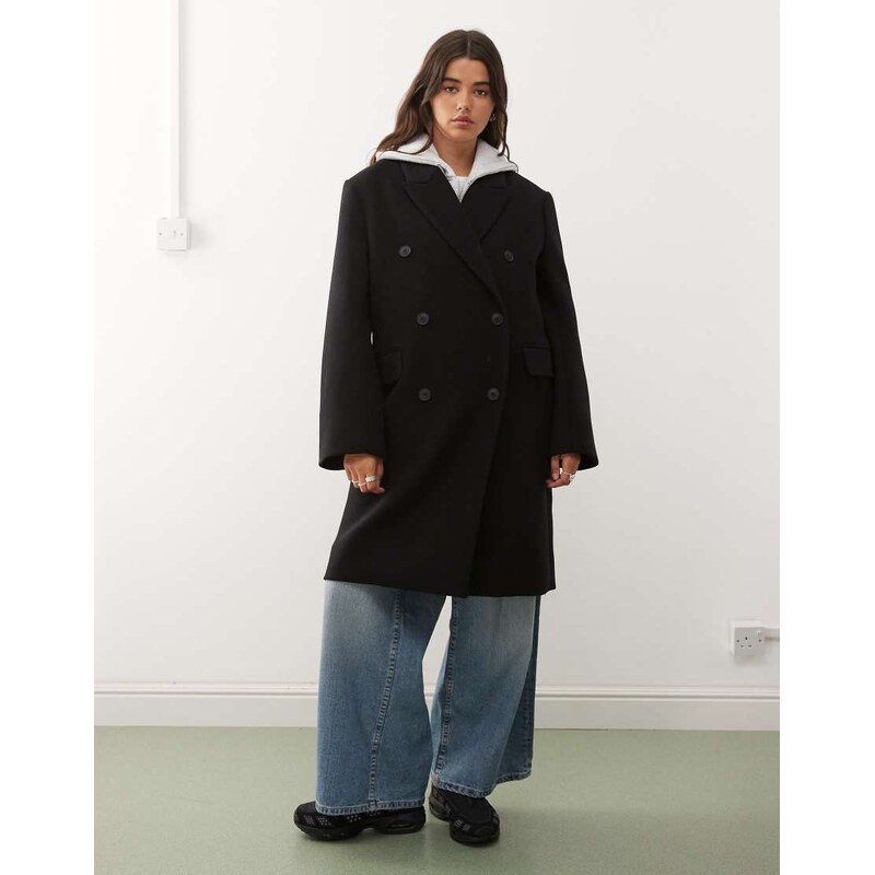 Weekday Logan wool blend oversized knee length coat in black 108736600