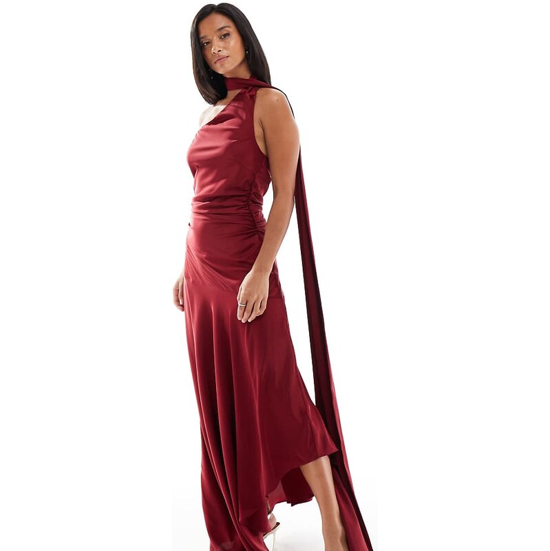 TFNC Petite Bridesmaids satin asymmetric maxi dress with scarf neck in 114733559