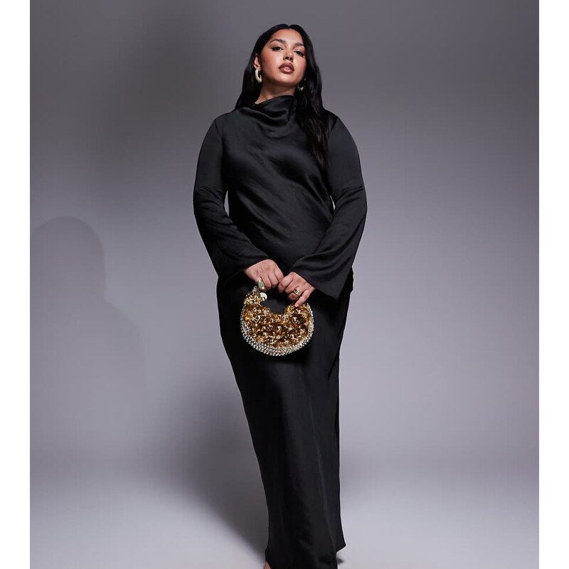 TFNC Plus high neck long sleeve midi dress in black