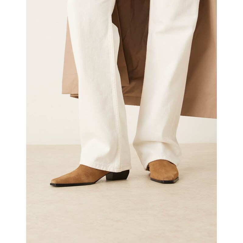 Mango suede square toe low heeled western ankle boot in latte