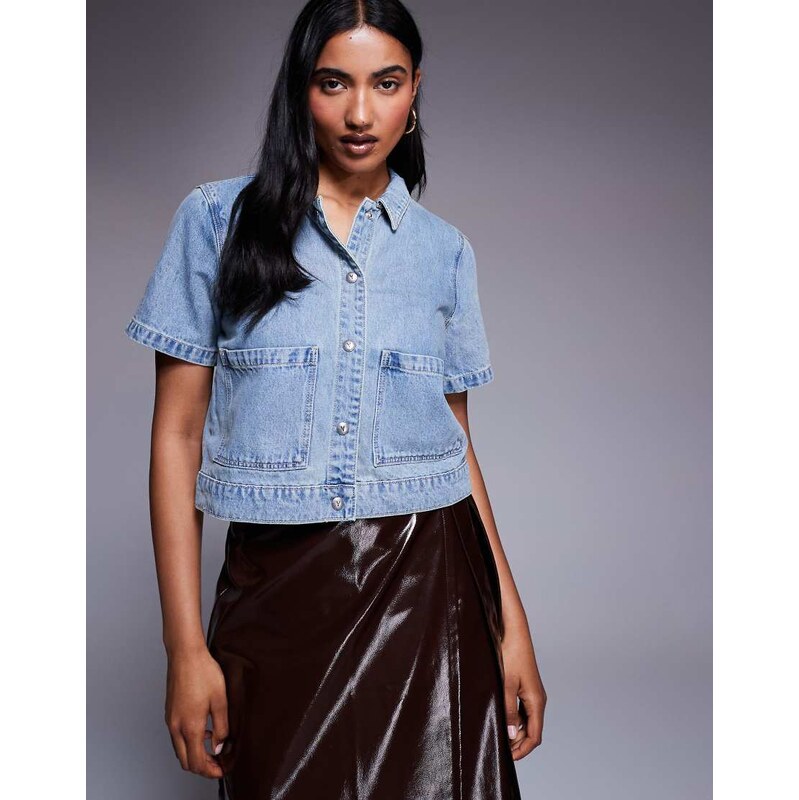 Abrand Jeans Darling half sleeve denim shacket in light wash-Blue 108736697