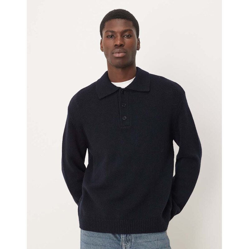 ARKET textured pure wool jumper with polo collar in navy