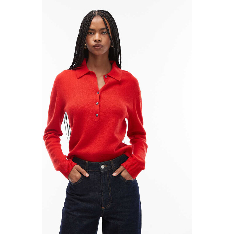 ARKET wool knitted sweater with deep placket polo collar in red-Orange 111021603