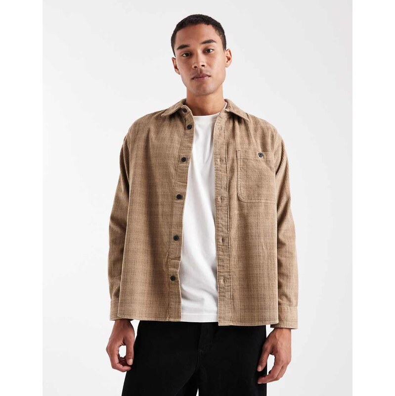 ONLY & SONS cord overshirt in beige check-Neutral