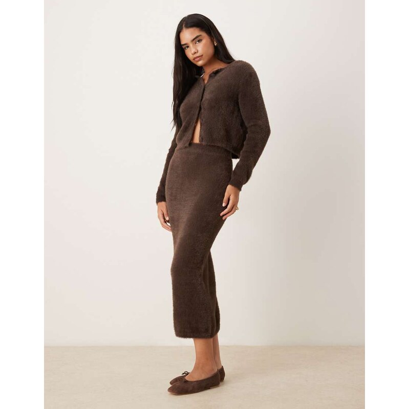 Vila super soft fluffy maxi skirt co-ord in chocolate brown