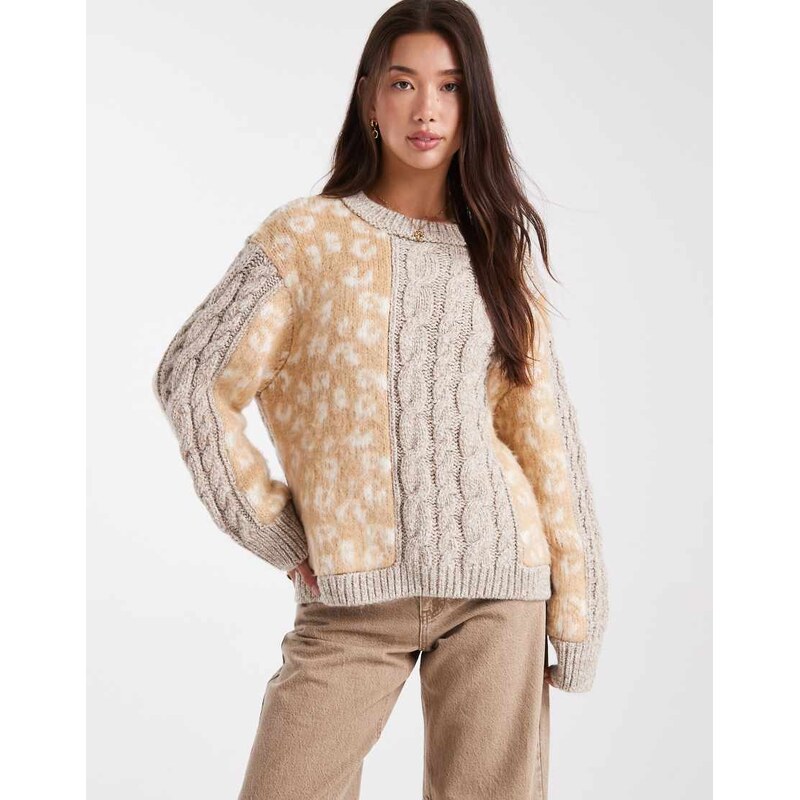 ASOS DESIGN knitted jumper in cable stitch and animal mix-Neutral 108736819
