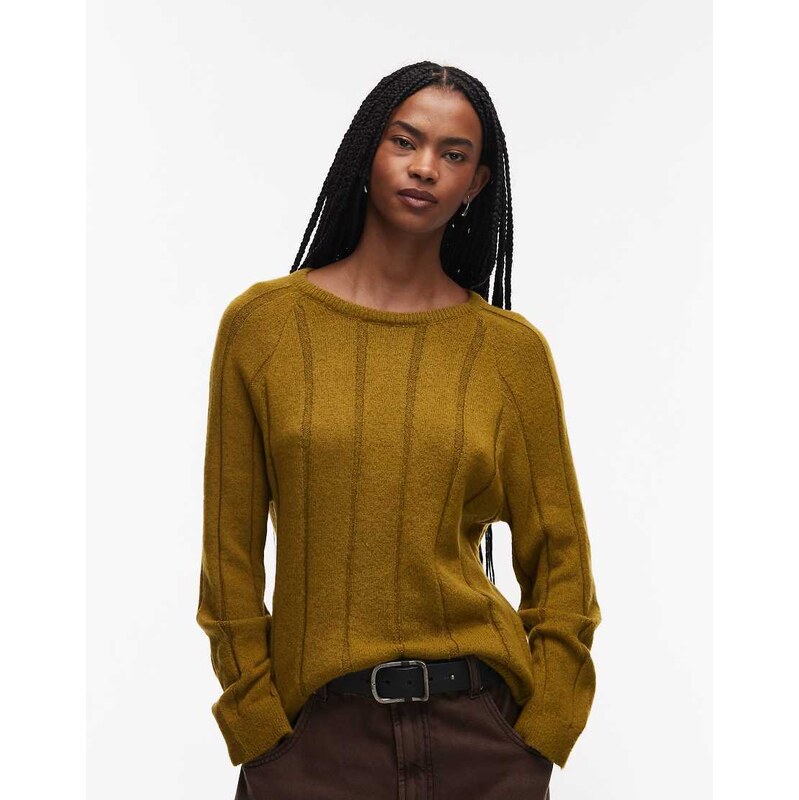 ASOS DESIGN fluffy knitted jumper with wide rib setting in olive-Green 108736836
