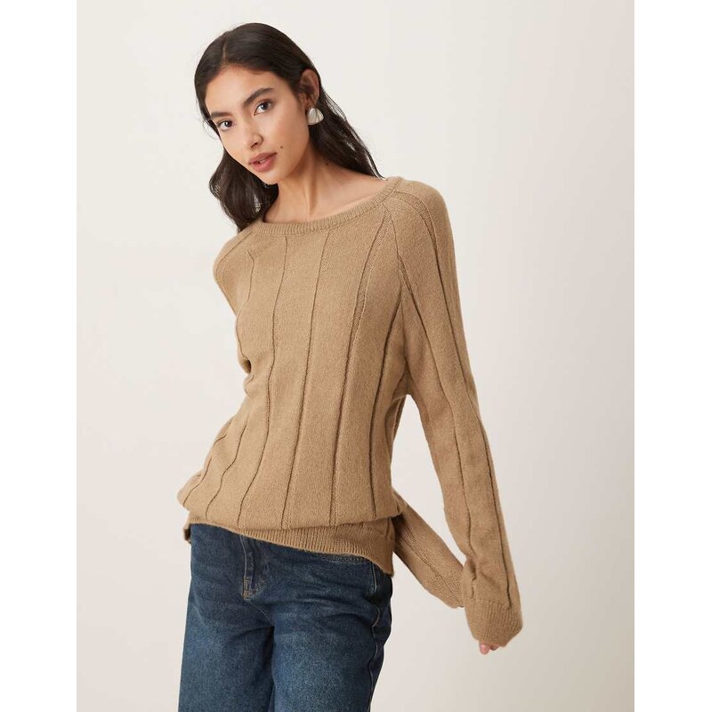 ASOS DESIGN fluffy knitted jumper with wide rib setting in beige 108736839