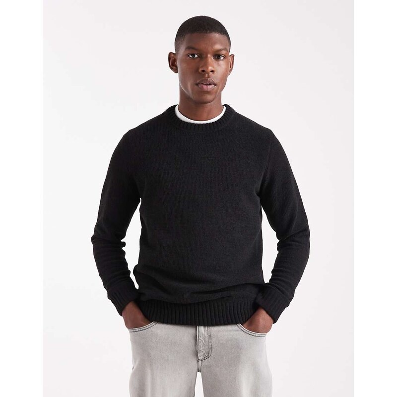 ONLY & SONS chenille crew neck jumper in black