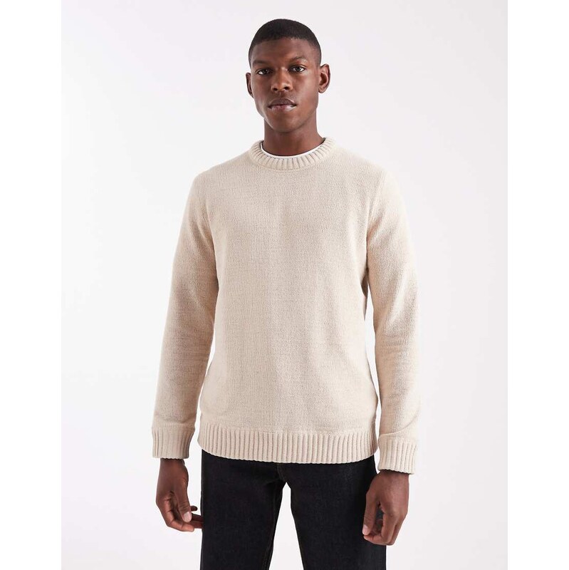 ONLY & SONS chenille crew neck jumper in beige-White