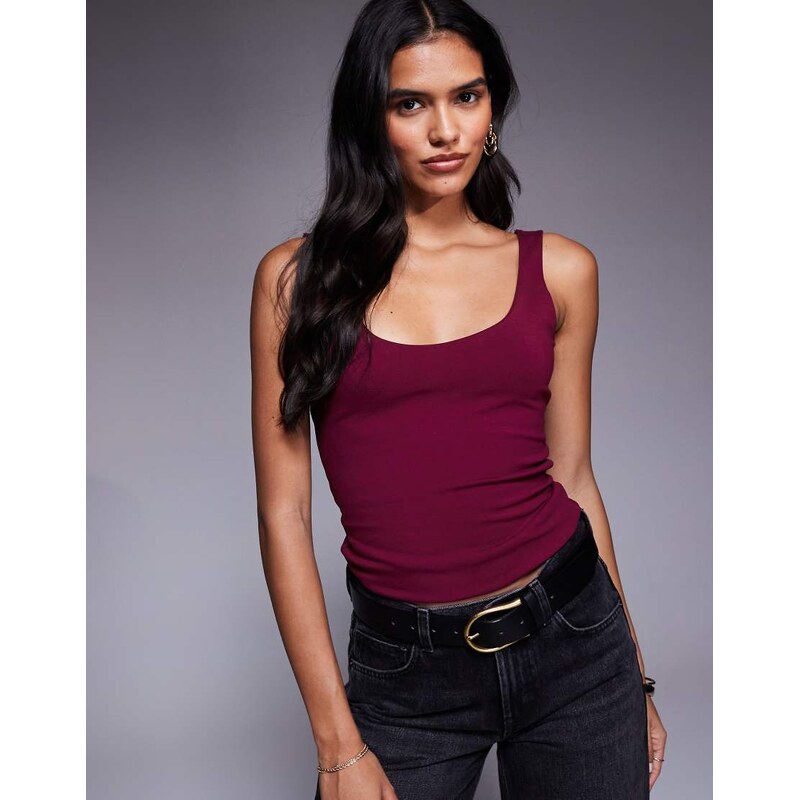 ASOS DESIGN double layer square neck tank top in burgundy-Red