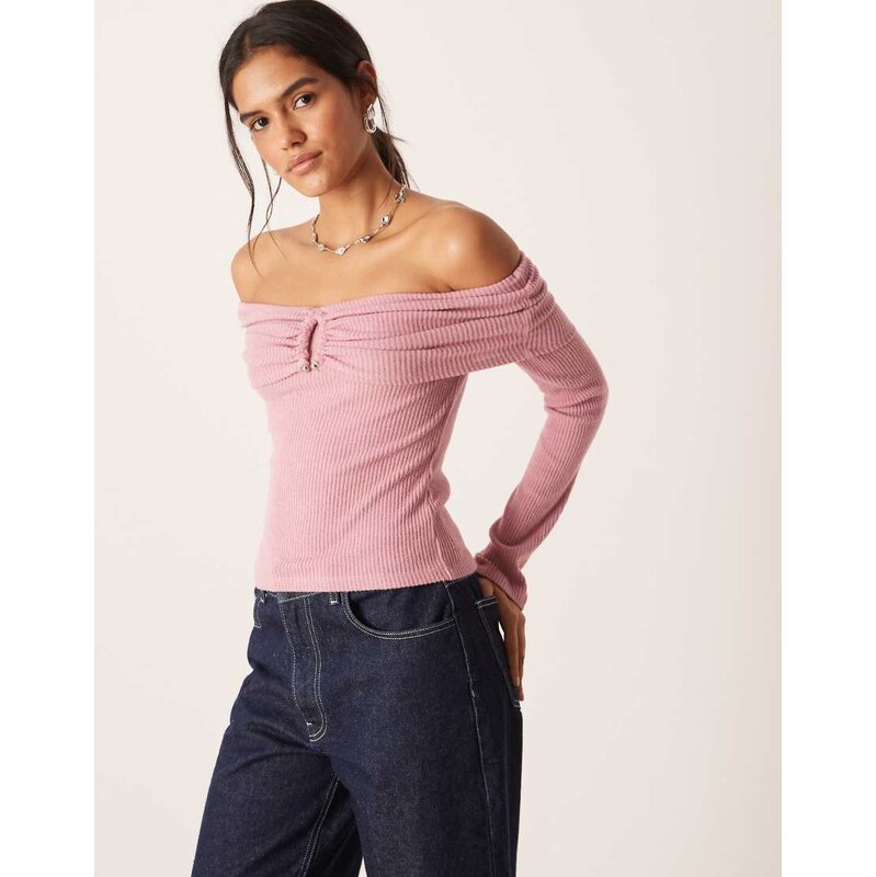 ASOS DESIGN Supersoft brushed rib hardware detail off shoulder jumper 115515873