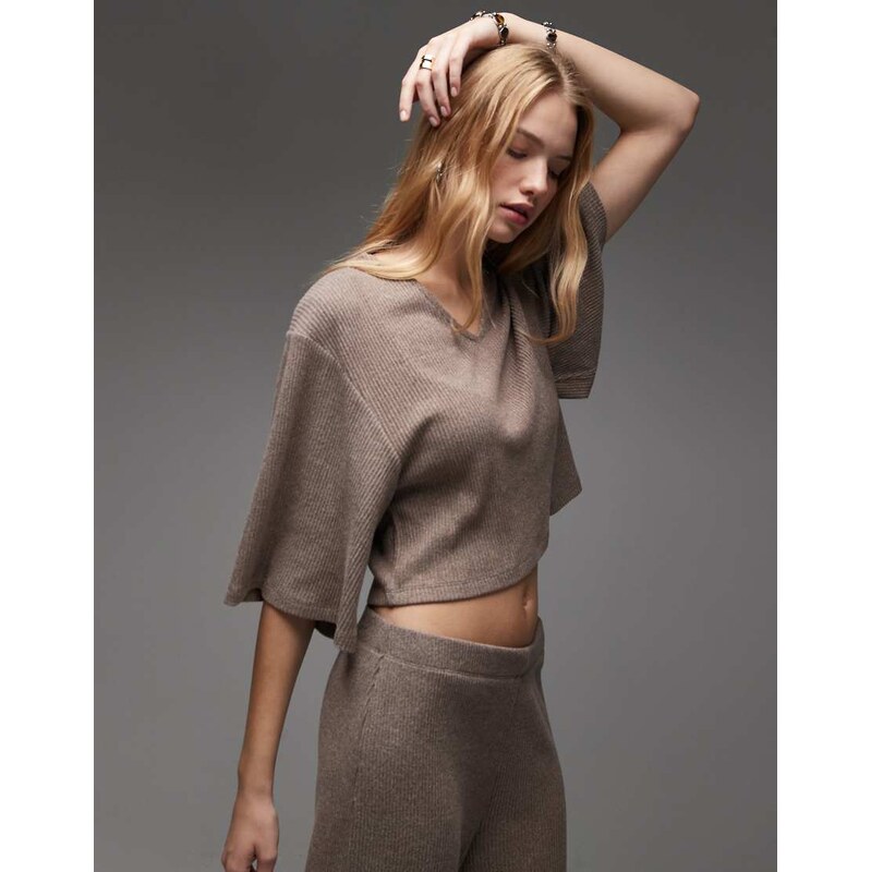 ASOS DESIGN Supersoft brushed rib v neck waterfall jumper in mocha - 108736946